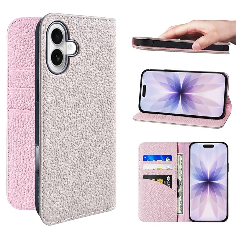 【新品】 NanHou For iPhone 17 ケース 本革 手帳型 カバー 耐衝撃 保護 カバー 本革 内蔵マグネッ RFIDト 財布型 携帯カバー カードポケット スタンド機能 に適した アイフォン 17 - グレー/ピンク 0