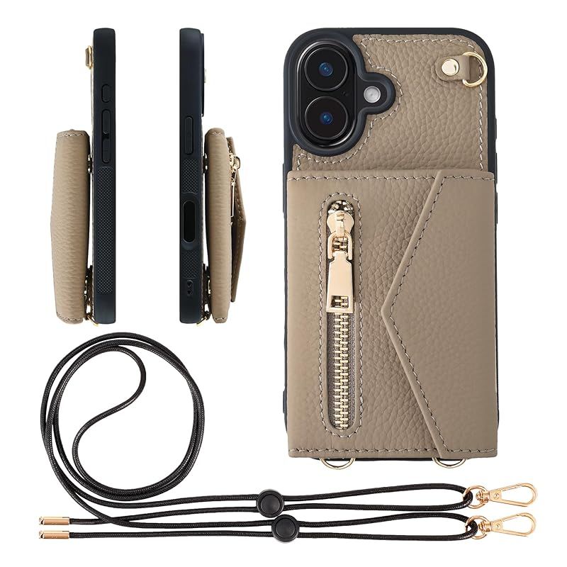 【新品】 HANATORA for iPhone 17 ケース ショルダー 本革 シュリンクレザー 耐衝撃 スマホケース スマホ ショルダーストラップ 付き ファスナー スマホショルダー カバー カードポケット カード収納 小銭入れ グレージュ BPCGZ 0