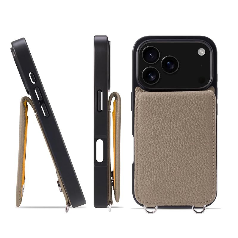 【新品】 HANATORA for iPhone 17Pro ケース バンパー型 本革 スマホケース スマホ カードポケット スタンド ショルダーストラップ 付き シュリンクカーフレザー グレージュ SCPG-17Pro-Grege ギフト 誕生日 女性 0