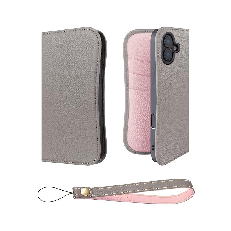 【新品】 COGURE 互換 iPhone 17 手帳型 ケース 本革 COPB グレージュ+ピンク 0