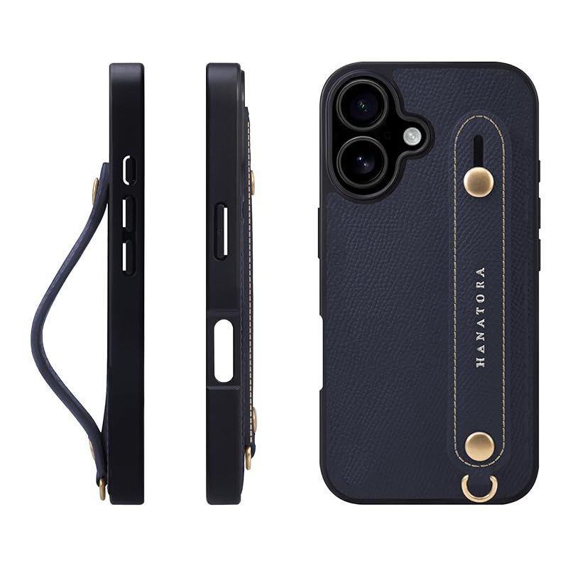 【新品】 HANATORA for iPhone 17 ケース 本革 耐衝撃 背面ベルト スマホケース スマホ スタンド機能 ネック ストラップ 付き エンボスレザー ギフト マグネットなし ネイビー NGH-17-Navy 0