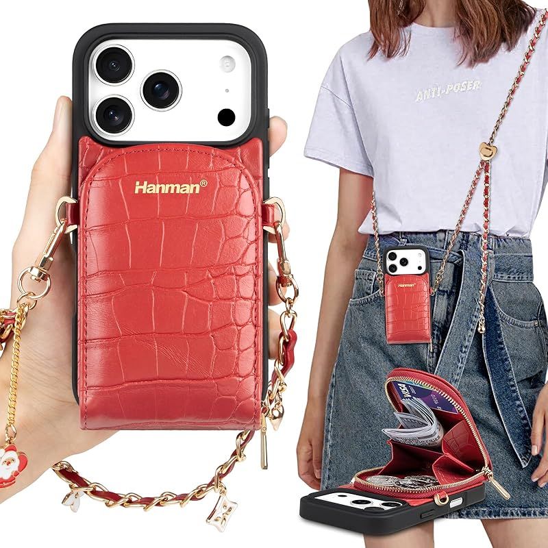 【新品】 Hanman ブレスレットとショルダーストラップ付きレザーウォレットケース と互換性のあるiPhone 17 Pro，RFIDブロッキングPUレザージッパーウォレットケース，4つのキャッシュポケットと2つのカードスロットを備えています-レッド 0