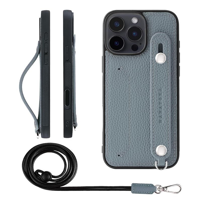 【新品】 HANATORA for iPhone 16ProMax ケース 本革 耐衝撃 背面ベルト ストラップリング スマホケース スマホ スタンド機能 ネックストラップ 付き カードポケット シュリンクレザー ギフト ブルーグレー CGHGZ-16ProM