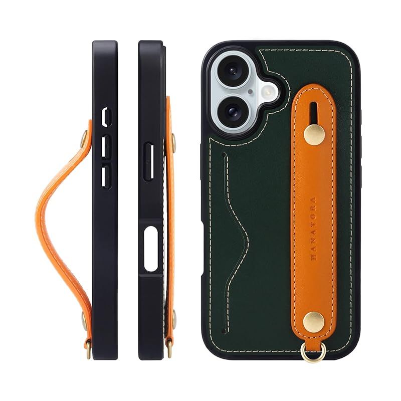 【新品】 HANATORA for iPhone 16 ケース 本革 耐衝撃 背面ベルト ストラップリング スマホケース スマホ スタンド機能 ネックストラップ 付き イタリアンレザー ギフト グリーン+オレンジ CGH-16-Green-OG
