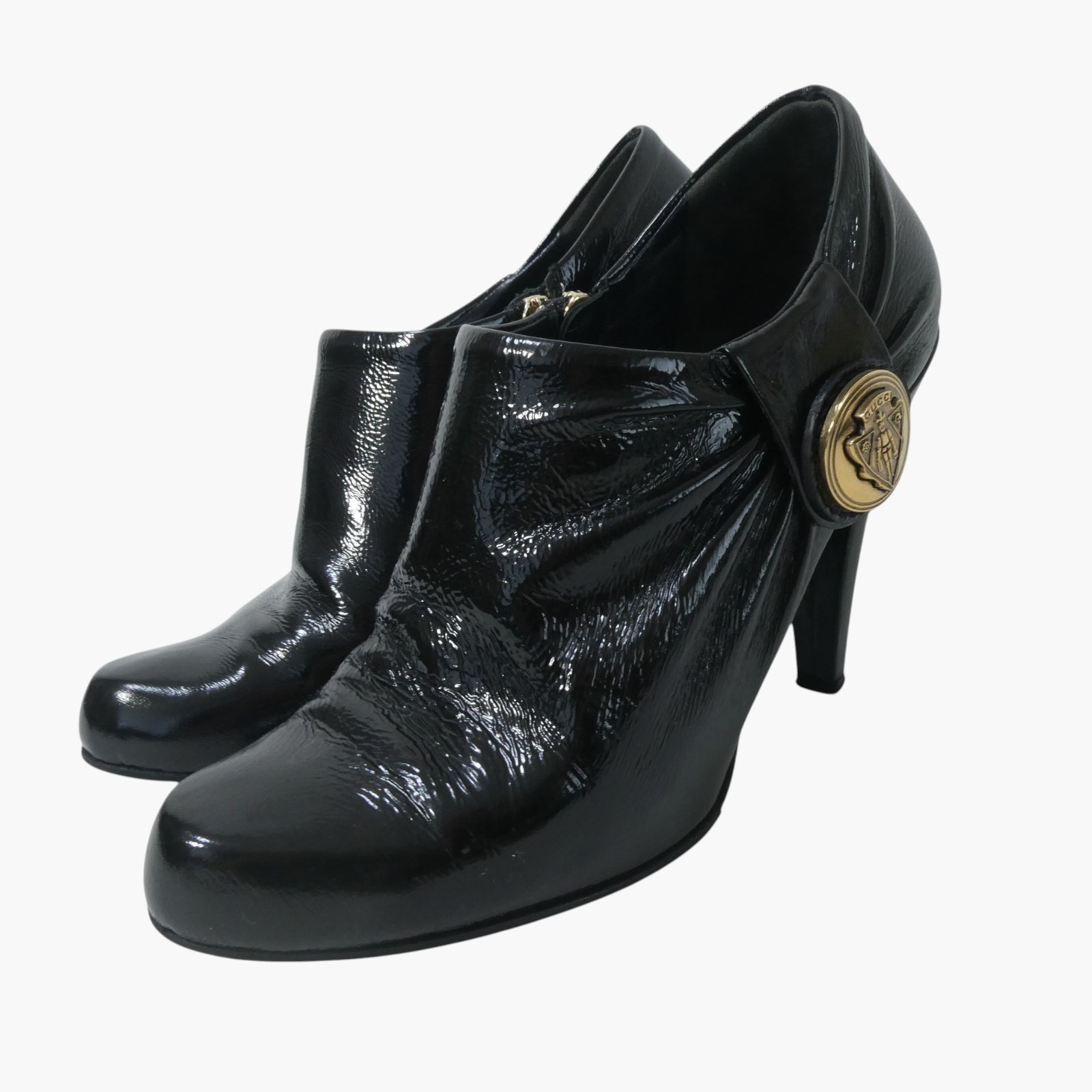 美品 GUCCI グッチ ロゴ金具 ブーティ ショートブーツ アーモンドトゥ チャンキーヒール ブラック サイズ37C 約24cm レディース
