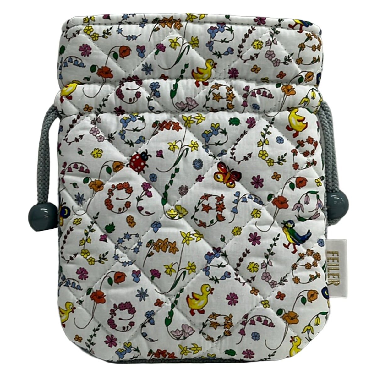 FEILER(フェイラー) ポーチ美品 - 白×ライトグレー×マルチ キルティング/巾着型/フラワー(花)/鳥/バタフライ(蝶) コットン