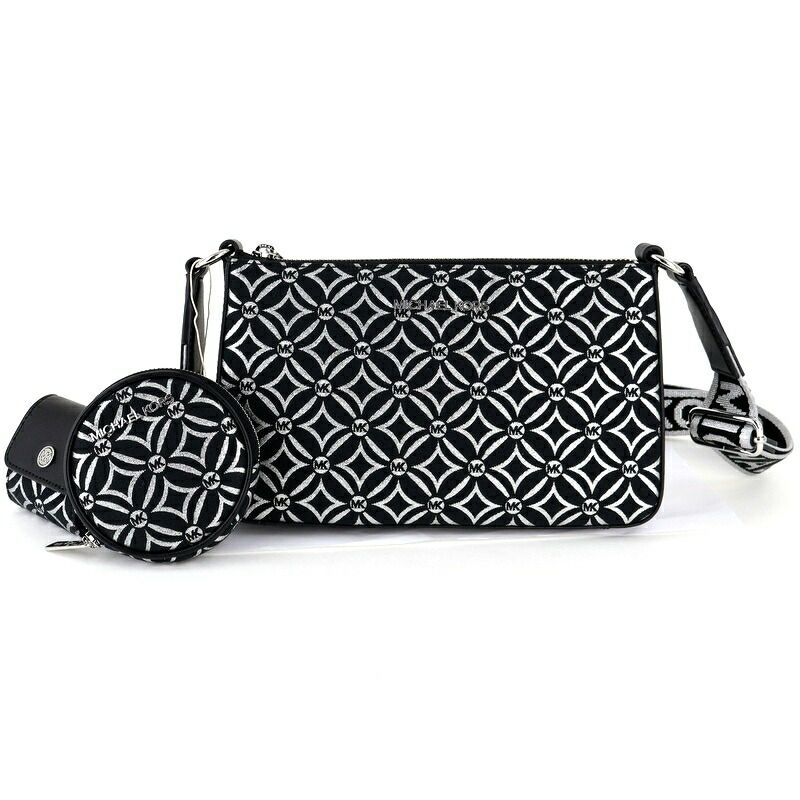 マイケルコース JET SET TRAVEL ロゴジャカード クロスボディウィズテックアタッチスモール 斜め掛け ショルダーバッグ ブラック/シルバー アクトワン【中古】