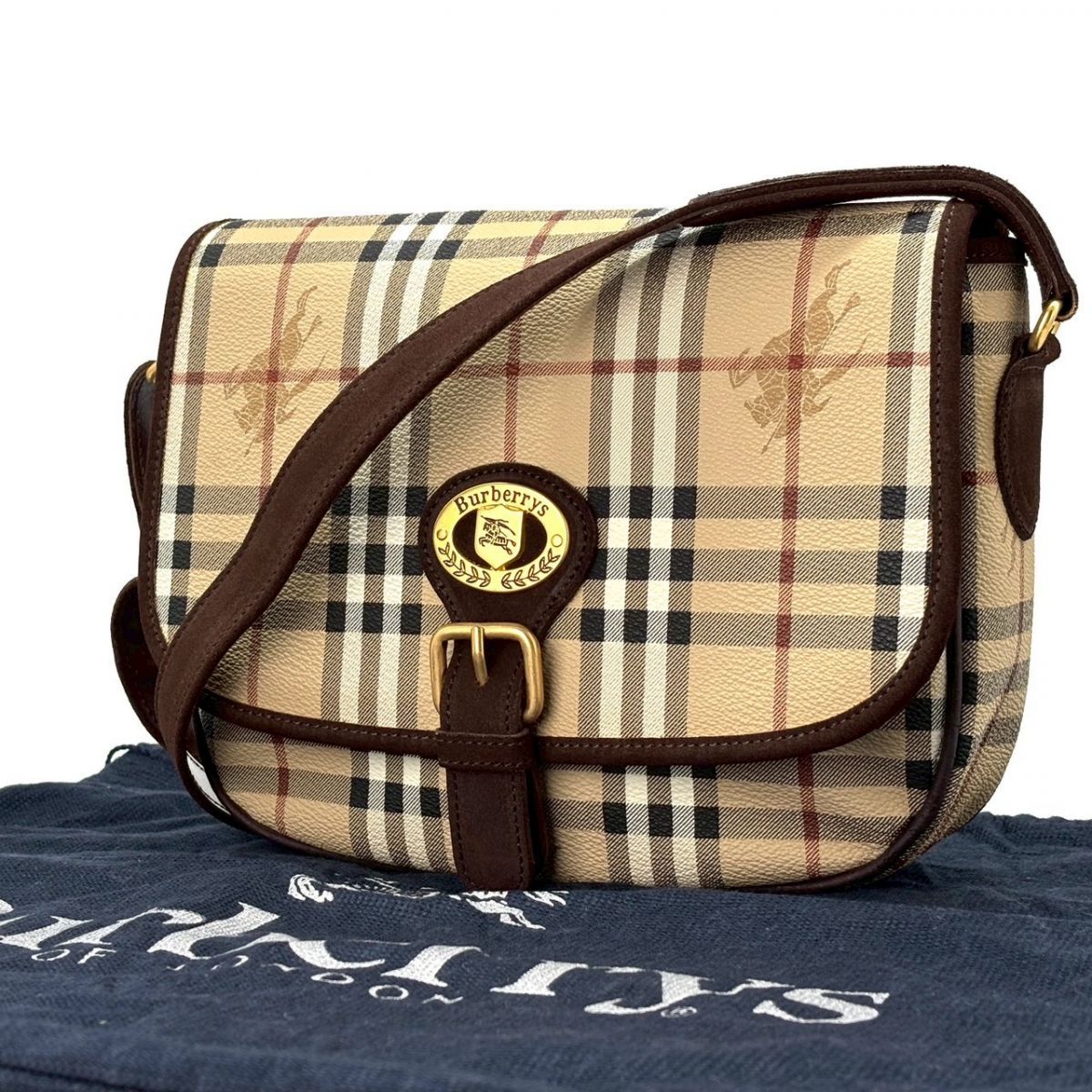 【記憶に残る格子意匠】　BURBERRY　ショルダーバッグ ノバチェック シャドーホース ゴールド金具 PVC　ブラウン