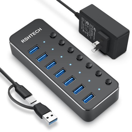 RSHTECHUSBハブ3.0電源付き7ポートUSBHubアルミ製5Gbps高速転送セルフパワーとバスパワー両用5V3A電源独立スイッチ付き