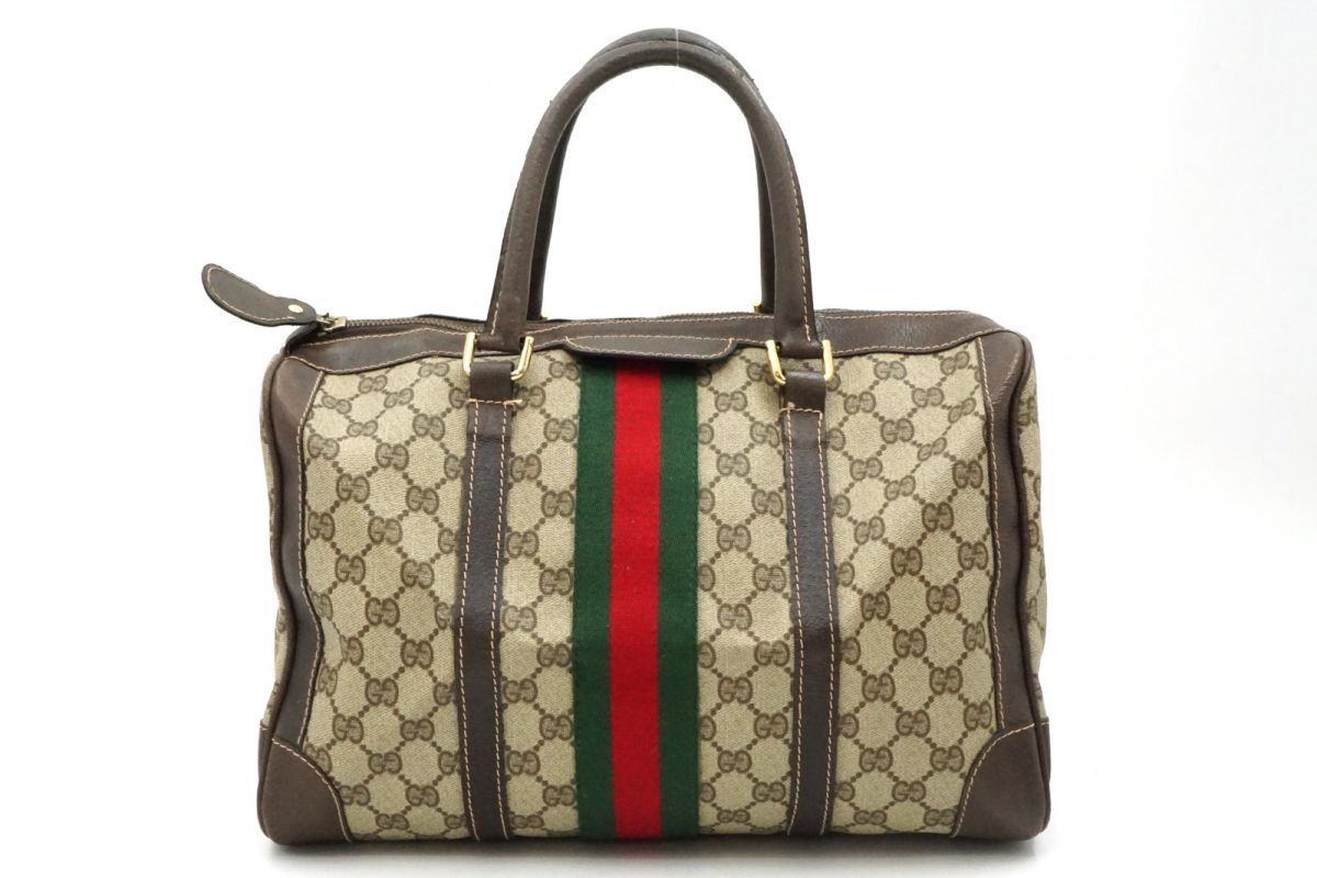 オールド グッチ ヴィンテージ ミニ ボストン ハンドバッグ トート GGプラス シェリーライン Unisex PVCレザー 茶 ブラウン GUCCI 6344h