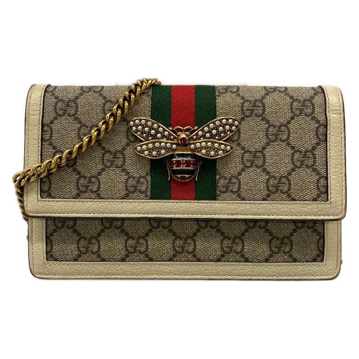GUCCI(グッチ) 財布 クイーンマーガレット 476079 ベージュ×アイボリー×マルチ チェーンウォレット レザー