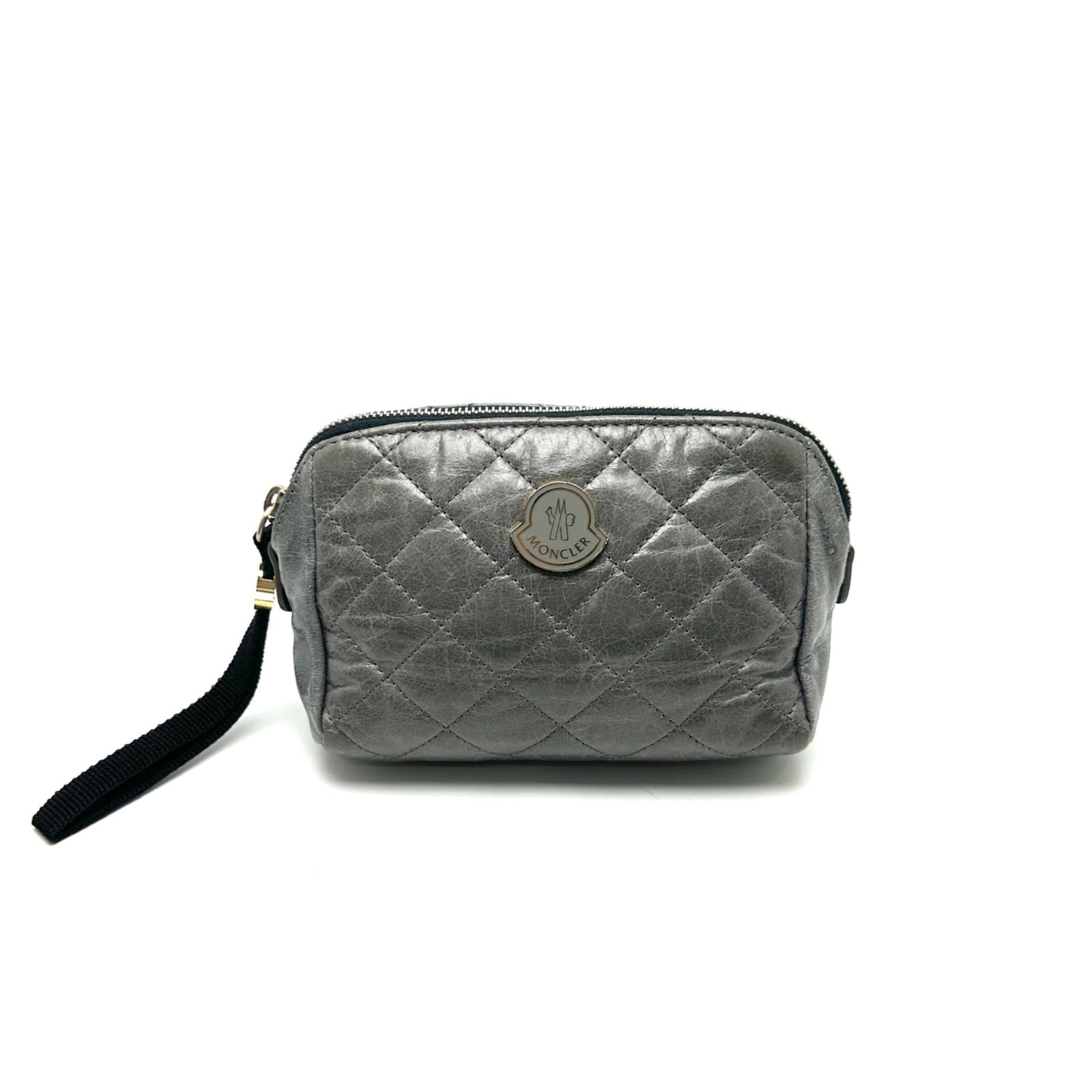 【楠本質店/元住吉】モンクレール　MONCLER　ポーチ　キルティング　レザー　カラー：グレー　サイズ：(約)W16.0cm x H11.5cm x D6.0cm