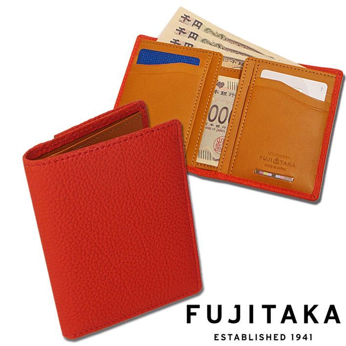 フジタカ カーフレザー コンパクト 二つ折り財布 バブル 639608 FUJITAKA 日本製 レッド系 赤 牛革 デュプイ社 高級 ヌメ革 スリム 薄型 キャッシュレス ミニ財布 定価27,500円 新品 未使用 無料ラッピング可能