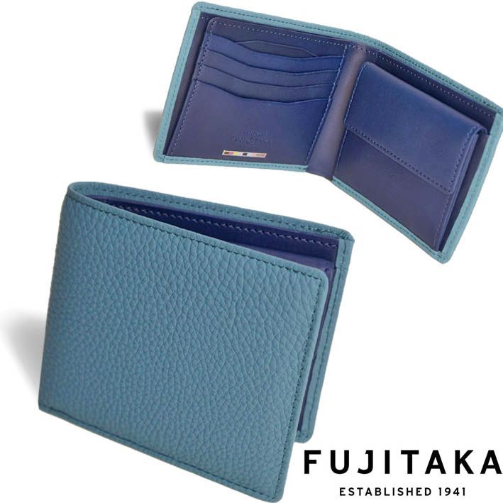 フジタカ カーフレザー 二つ折り財布 バブル 639605 FUJITAKA 日本製 ブルー系 青 牛革 デュプイ社 高級 ヌメ革 コンパクト 定価35,200円 新品 未使用 無料ラッピング可能