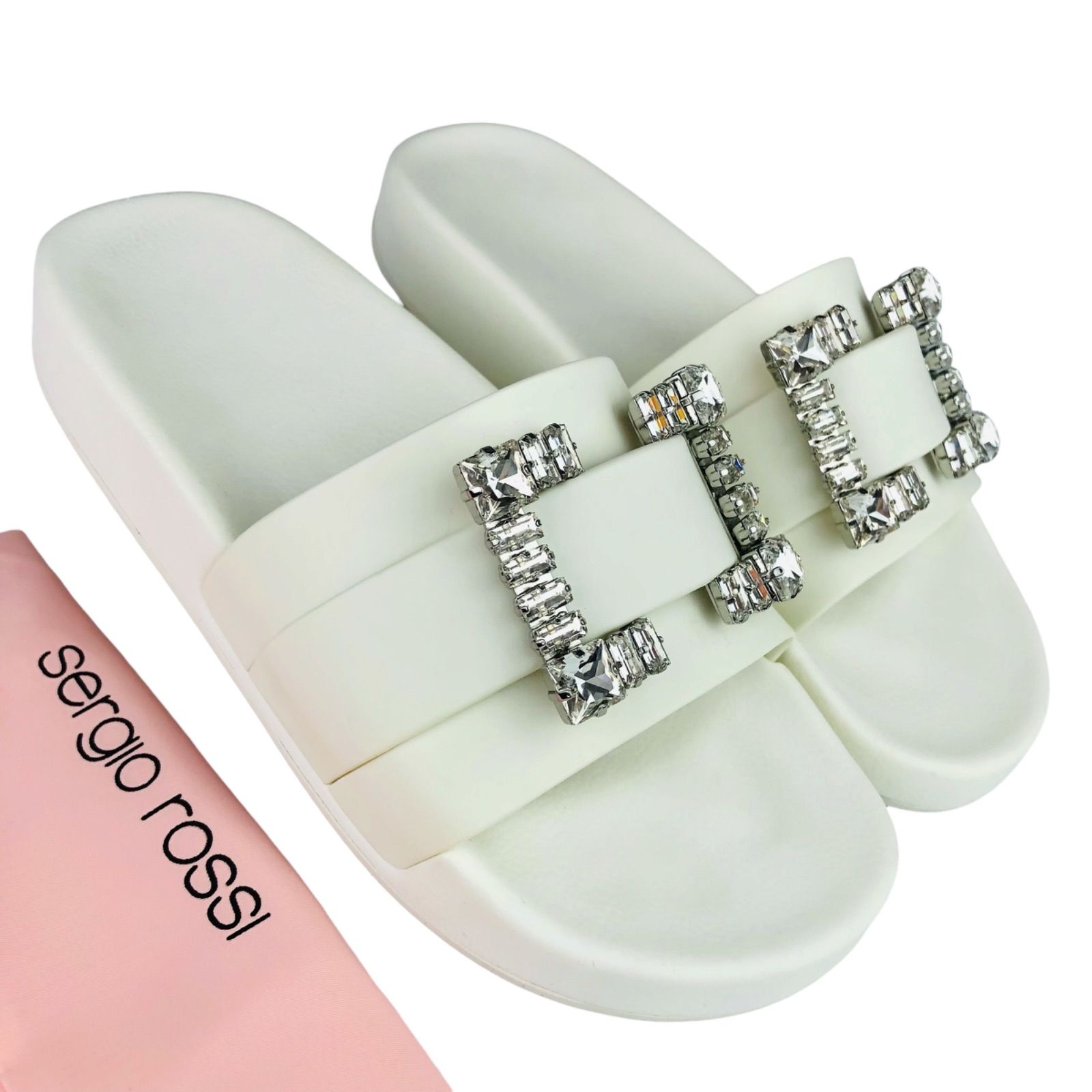 極美品★sergio rossi★セルジオロッシ【SR JELLY】レディース クリスタルバックル付き ラバー スライドサンダル (38/25㎝相当) ブランドサンダル レディースサンダル 春夏靴 カジュアルシューズ シャワーサンダル オシャレ