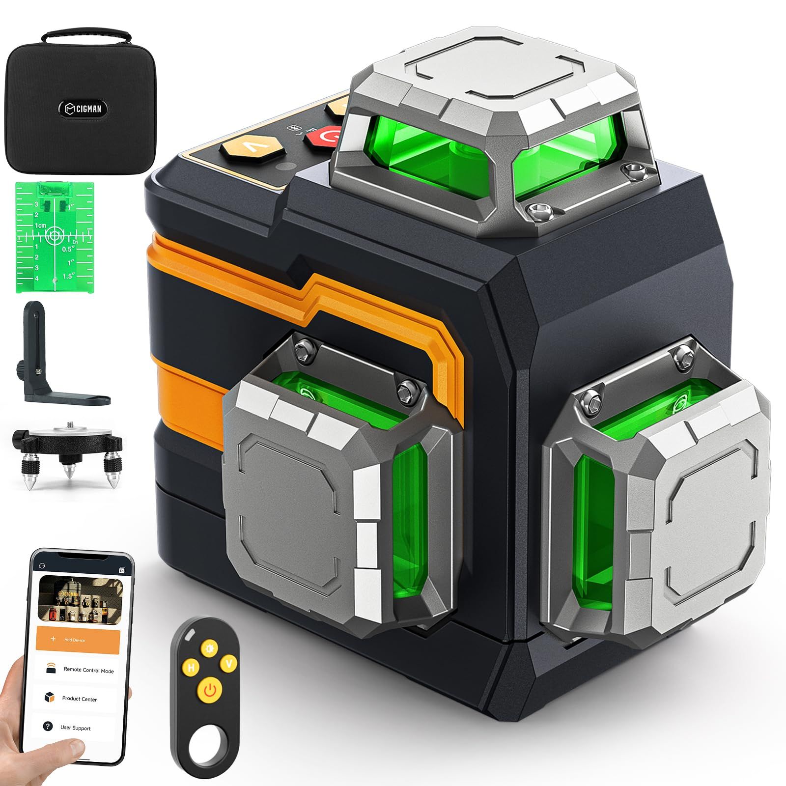 CIGMAN レーザー墨出し器 アプリで遠隔操作 3x360°グリーンレーザー 小型 スマホ操作 充電式水平器12ライン 自動補正 高精度 小型 DIY IP54防水防塵 輝度調整可能 磁気回転スタンド 日本語説明書付きso 826e5fa3