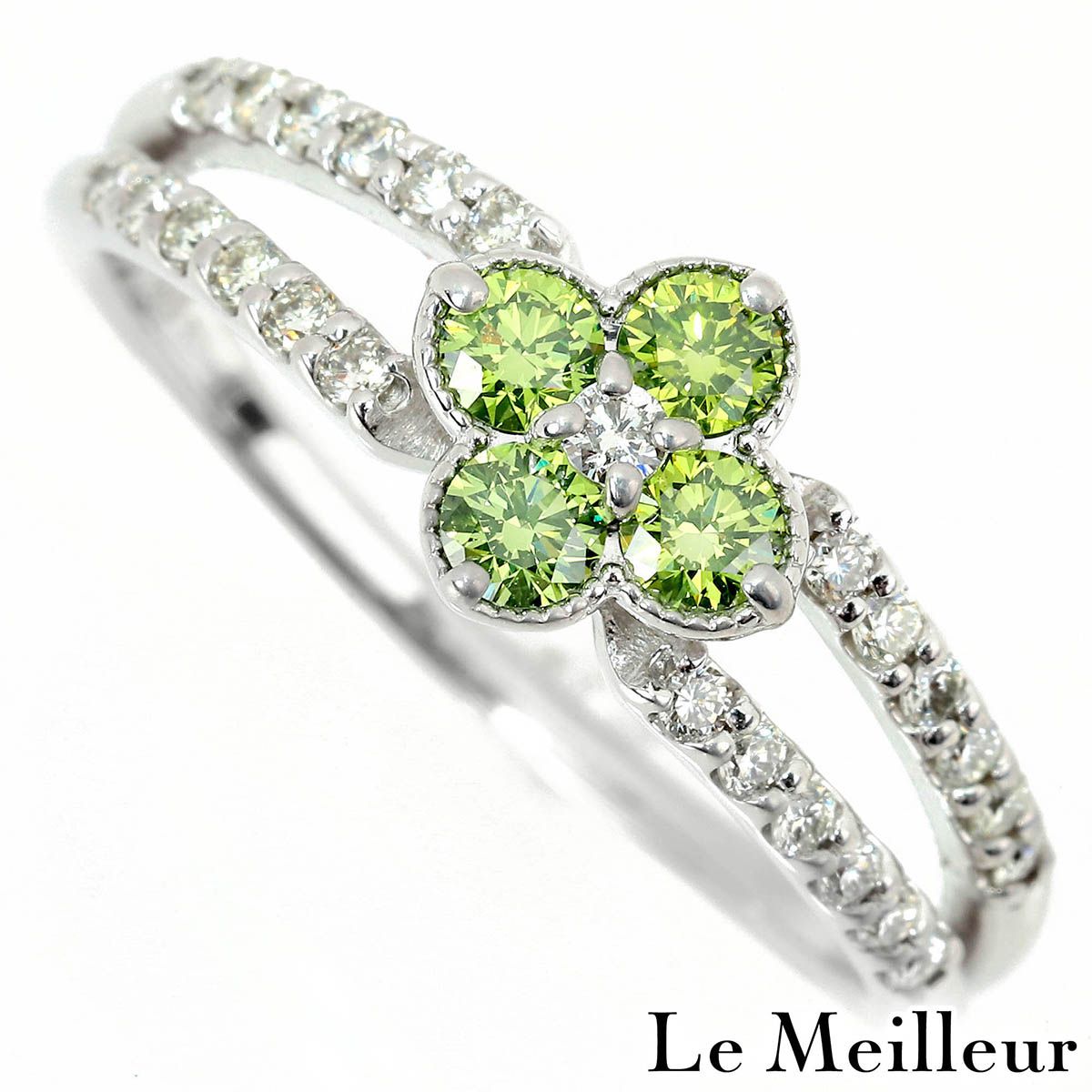 [Brand New Finished] Green Diamond 0.28ct Diamond 0.22ct White Gold K18WG Flower Motif Ring Size 14 Women's Return OK