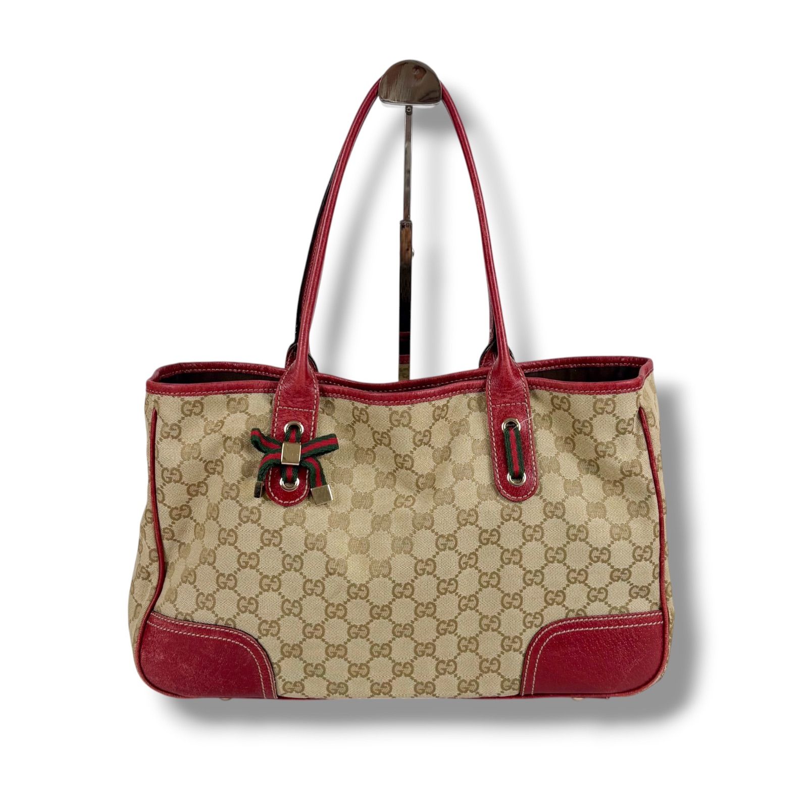 グッチ　GUCCI リボン付き　シェリーライン　GGキャンバス　トートバッグ　肩掛け　ベージュ　レッド　163805
