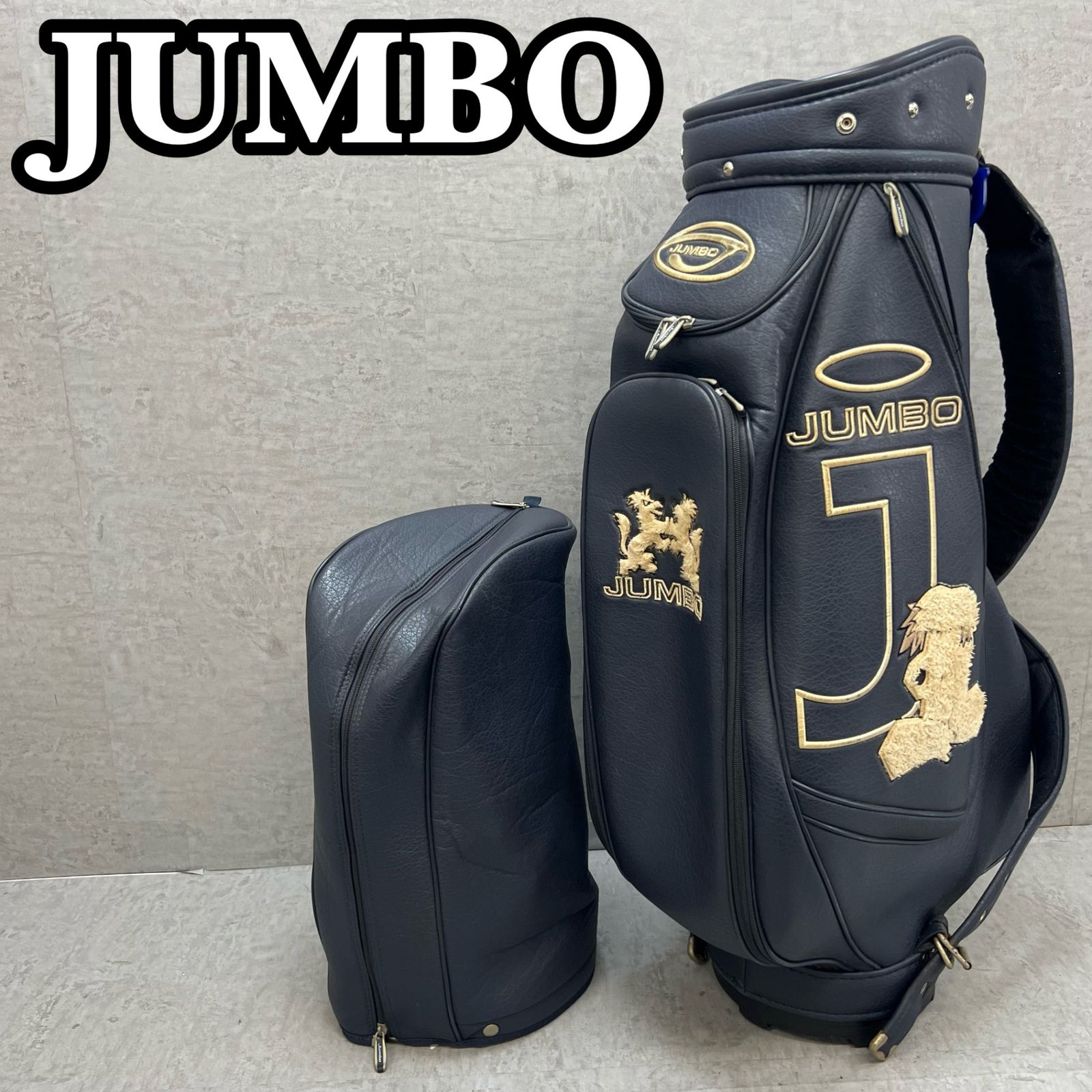 JUMBO ジャンボ ゴルフ キャディバッグ ジャンボ尾崎 刺繍ロゴ カート式 約9型 5分割 ネイビー PUレザー