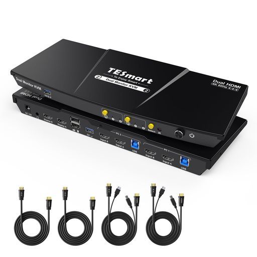 TESmartKVMスイッチ2入力2出力HDMIUSB3.0対応デュアルモニター切替器2台パソコン2ディスプレイ対応4K@60Hz拡張表示強力マウス、キーボード互換性EDIDエミュレーションホットキー、リモコン操作