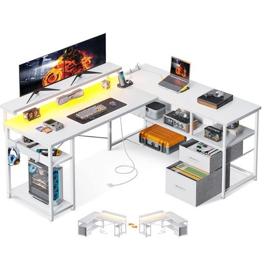 ODKパソコンデスク引き出し2杯付きゲーミングデスクコンセント付きl字デスクデスク机幅135cm棚付きpcデスク収納オフィスデスク仕事用在宅勤務組立簡単真っ白