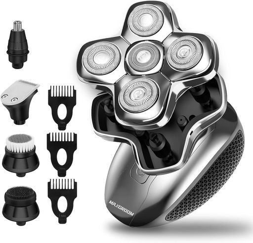 MAXGROOMスキンヘッド用シェーバー電動シェーバーメンズ5Dスキンヘッド5IN1電気シェーバー洗顔ブラシスキンケア坊主用髭剃り鼻毛カッター多機能回転式バリカンIPX6防水乾湿両用充電式自動…