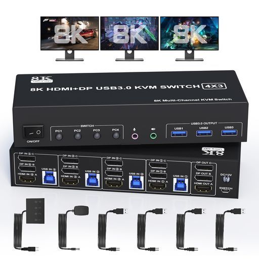 8K@60Hz4K@144Hz2DisplayPort+1HDMIKVM切替器3モニター4PC、USB3.0トリプルモニター切替器3モニタと3USB3.0ポートとオーディオマイク、キーボードとマウスを共有する4台のコンピュータ用切替器