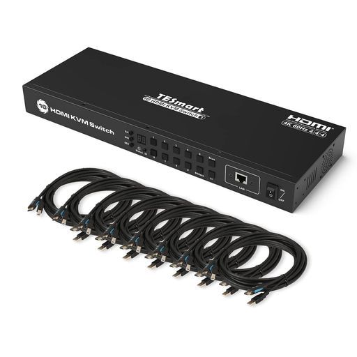 TESmart16入力1出力HDMIKVMスイッチパソコン16台モニター1台切り替え16ポート4K@60HzKVM切替器EDID機能対応RS232ポート搭載HDCP2.2自動検出機能リモコン/ホットキー切り替え可能