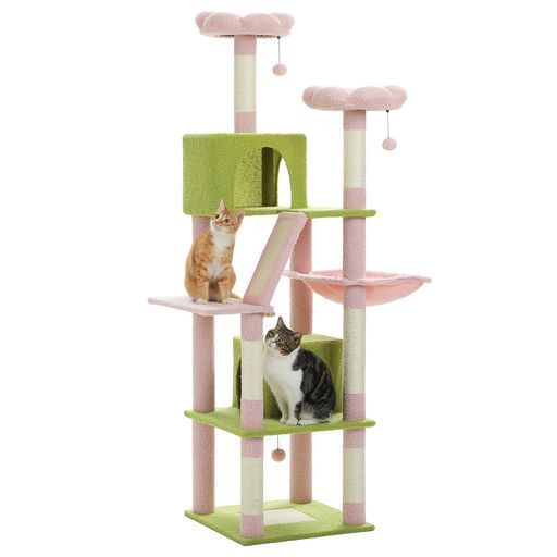 PETEPELA(ぺテぺラ)キャットタワー大型猫用スリム多頭飼い猫タワー据え置き爪とぎポールハンモック隠れ家展望台シニア天然麻紐サイザル麻ポンポンおもちゃ猫ベッド-ピンク高さ180cm
