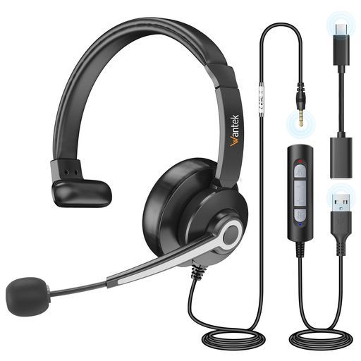 WantekヘッドセットUSB/TypeC/3.5mm片耳ノイズキャンセリングマイク付き有線ヘッドセットSkype、Web会議、ボイスチャット、リモートワーク、テレワーク、在宅勤務に適用されるプロビジネスPC…
