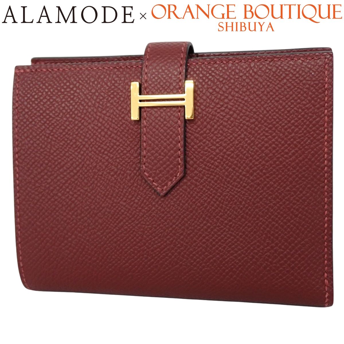 HERMES(エルメス) ベアンコンパクト ルージュアッシュ ボルドー ヴォーエプソン ゴールド金具 W刻印 コンパクトウォレット 二つ折り 財布 レディース 40802193399【アラモード】