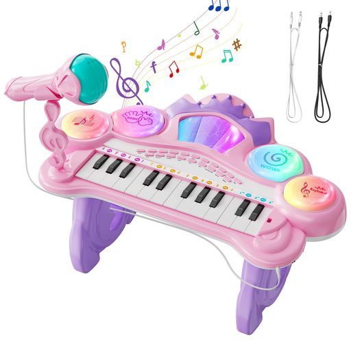 CuteStoneピアノおもちゃキーボード3in1遊び方知育玩具マイク付き8種類楽器効果光ナビレッスンモードライト効果多機能楽器おもちゃドラムキーボード子供おもちゃ音量調整2つの電源モード…