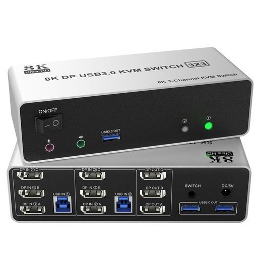 8K@60Hz4K@144HzDisplayPortKVM切替器3モニター2PC、USB3.0トリプルモニター切替器3モニタと3USB3.0ポートとオーディオマイク、キーボードとマウスを共有する2台のコンピュータ用切替器