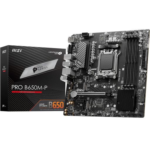 MSIProB650M-PAM5mATXマザーボード、AMDB650チップセット、4xDDR5スロット、192GB最大メモリ、1xPCI-Ex16、2xM.2ストレージスロット、4xSATA6G、Realtek8125BG