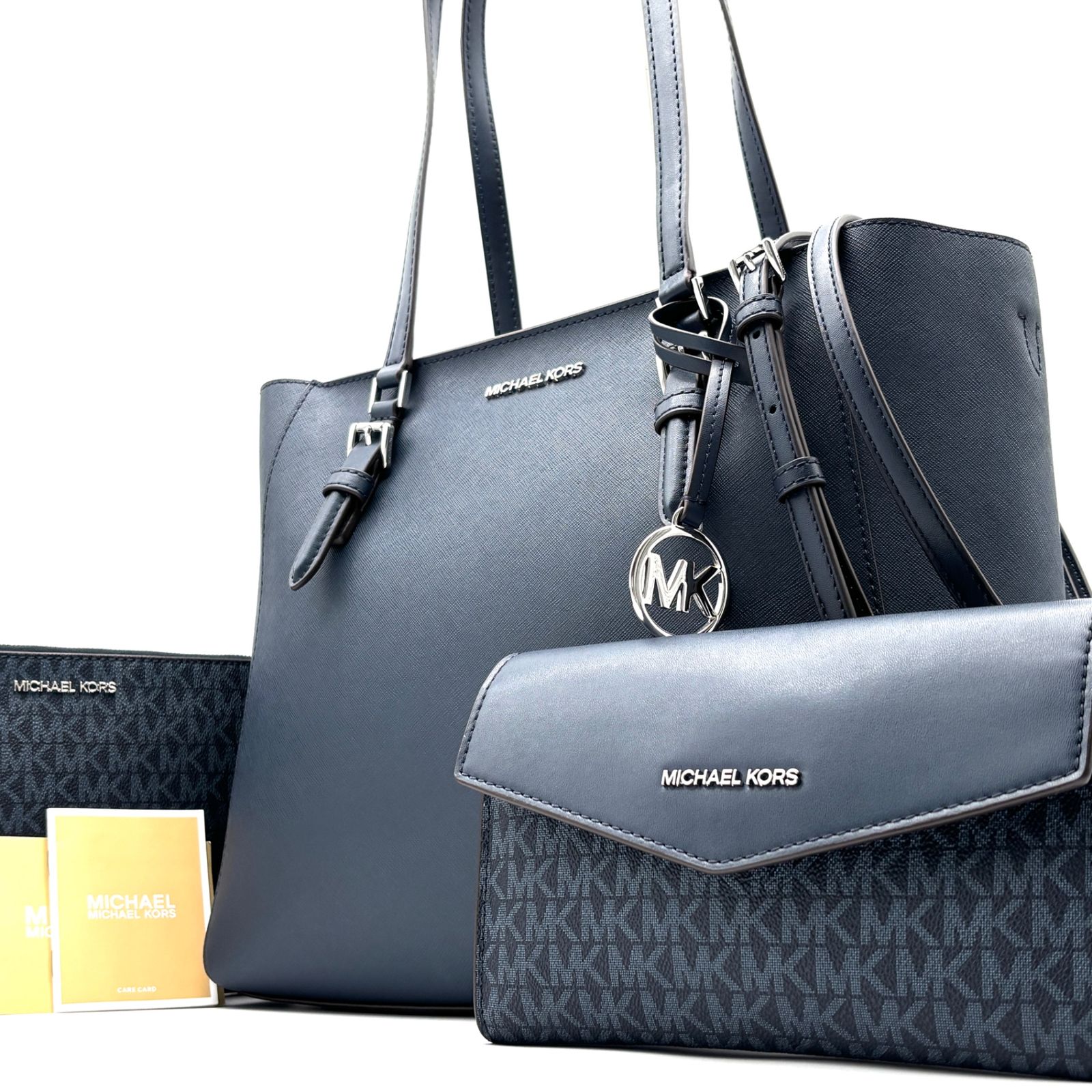 未使用保管品 MICHAEL KORS マイケルコース シグネチャー トートバッグ サコッシュ レザー PVC ネイビー 2way A4収納 自立 通勤 通学 ビジネス レディース 女性 ショルダーバッグ MK柄