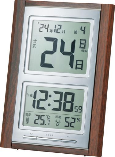 ADESSO(アデッソ)日めくり電波時計デジタル置き掛け兼用六曜温度湿度日付曜日表示記念日設定機能付き木目調ブラウンNAR-102