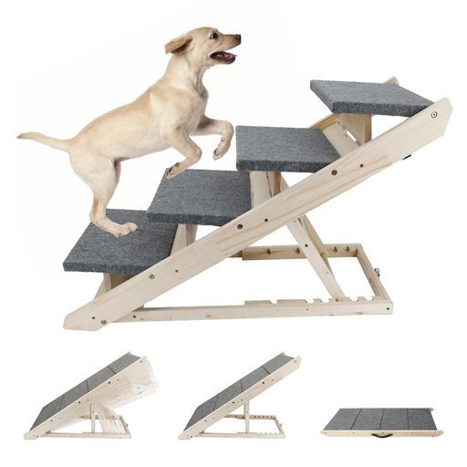 KOOPRO犬用スロープペット階段2in1両用折り畳みステップ六つ高さ調節可能木製滑り止め組立不要収納便利取っ手付き小型大型猫犬室内屋外スロープ(L-両用)