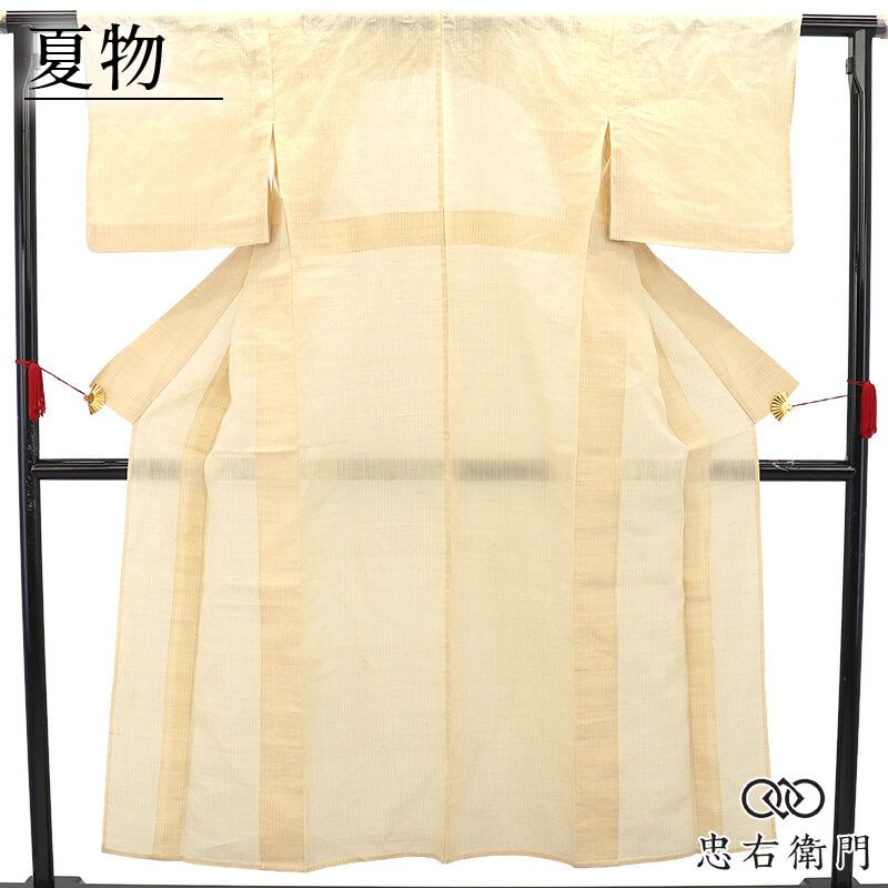 夏物 麻着物 夏着物 レディース 麻 薄ベージュ 縞 シンプル 身丈154.5cm 裄丈62.5cm ランチ お出かけ お稽古 街歩き Ｓ～Ｍサイズ相当 即日発送