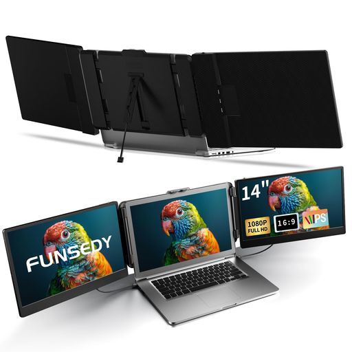 FUNSEDYデュアルモニターモバイルモニター14インチノートパソコン用スクリーンエクステンダー三画面拡張モニター1080PFHDポータブルモニター折りたたみ式追加ディスプレイWindows/Mac/Dex/Chrome…