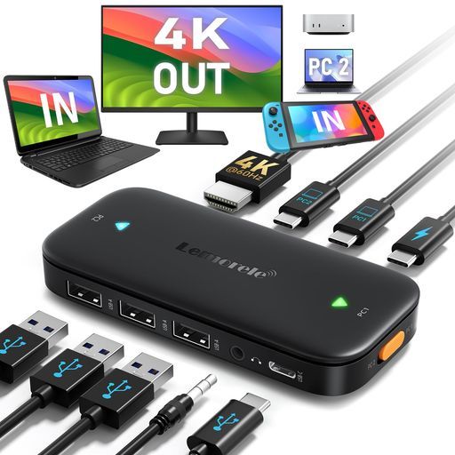 切替器USBCtoHDMIKVMスイッチ2入力1出力手動USB-Ax3+UsB-Cx14K@60Hz対応HDMIディスプレイモニターを2PCで共有モニタ/キーボード/マウス/コンコロールを共有