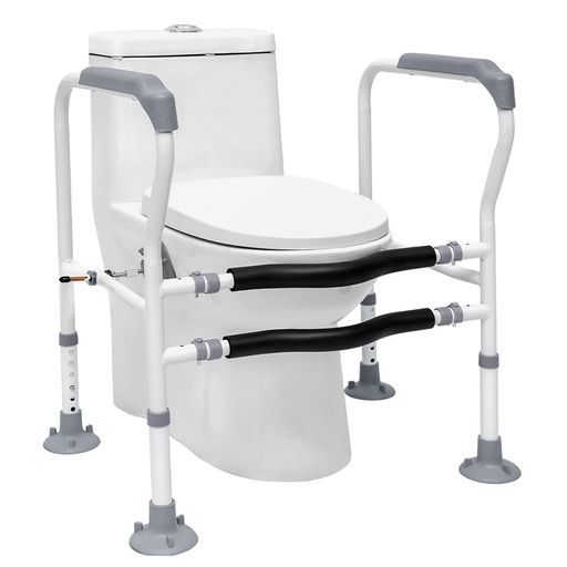トイレ用手すり、トイレひじ掛けフレームポータブルトイレ介護用立ち上がりトイレ用サポート手すりトイレ用アーム立ち上がり補助幅&高さ調整可能工事不要簡単組立吸盤付き滑り止め…