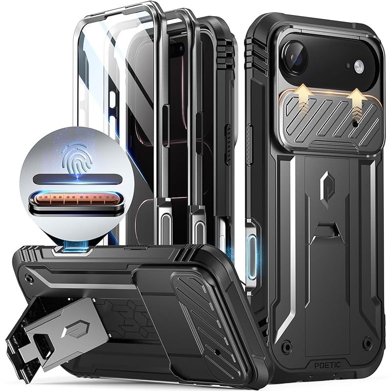 【新品】 POETIC iPhone Air ケース（カメラコントロール・キャプチャーボタン付き）[スライド式カメラカバー][内蔵スタンド][内蔵スクリーンプロテクター] iPhone 17 Air 用 ミリタリーグレード 頑丈ケース（ブラック） 0
