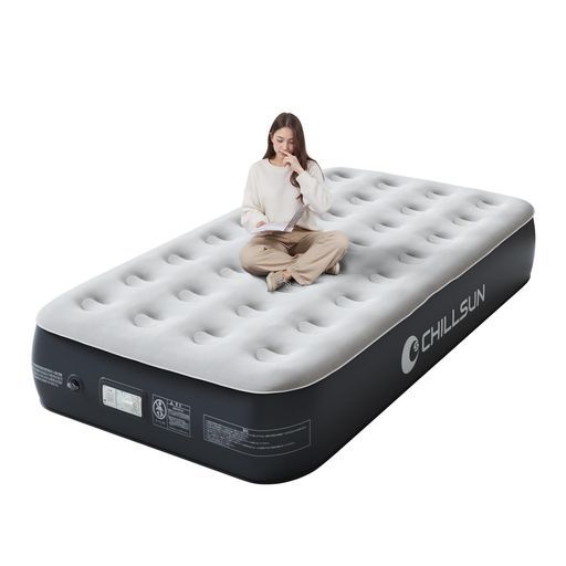 CHILLSUNエアーベッドシングルサイズ電動ポンプ内蔵キャンプマット高耐久来客用フロック表面加工長さ190x幅99x厚さ33cm耐荷重250kg空気ベッド快適な寝心地折り畳み収納袋付きキャンプ予備ベ…