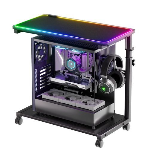 ZIFTY昇降式パソコンラックL字デスク対応PCデスク70x35cmデスクサイドラックPCワゴン高さ調整可能(60〜75cm)PCラックヘッドホンハンガー付RGBマウスパッド付通気背板穴あきパネル付電源タップ…