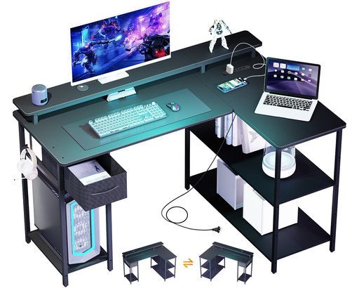 VARNICゲーミングデスクパソコンデスクL字型左右組み替え可能電源タップ付き配線穴付きpcデスクオフィスデスク115cm長さ*80cm奥行*75cm高さモニター台付き可動式棚板引き出し付き調整可能な…