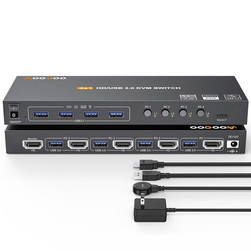 USB3.0KVMスイッチHDMI4PC4K@60HzEDID付き4入力1出力、キーボード、マウス、プリンター、コントローラー用の4つのUSB3.0ポート、USB3.0ケーブル、HDMIケーブル付属