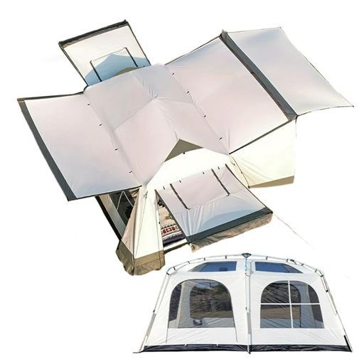 FengzelOutdoor大型ワンタッチテント4-6/8-12人用黒UVカット加工耐水圧5000mm99.9%紫外線防止アルミ製骨組み大面積タープ付き格子窓二重層ファミリーグループキャンプ用キャノピーテント(ベージュ 34,122円