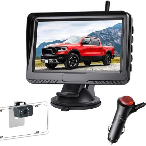 Tigwissバックカメラモニターセット、ワイヤレスバックカメラ24v、4.3インチLCDモニター12v-24vまで対応暗視機能付きノイズ対策正像・鏡像切替対応バックモニターガイド線表示対応IP68防水