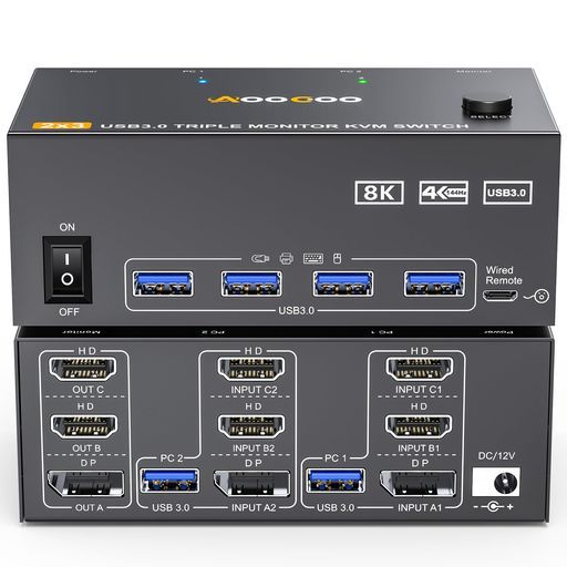 KVMスイッチ3モニター2コンピューター、ディスプレイポート+2HDMIKVMスイッチャー8K@60Hz、4K@144HzトリプルモニターKVM、4つのUSB3.0ポート付き、電源アダプター、有線コントローラー、USB3.0ケー…