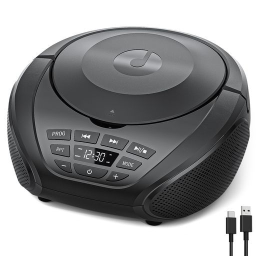 GueraycdプレーヤーcdラジカセFMモードAUXオーディオ入力PROG再生対応ラジオCDプレイヤーステレオスピーカー内蔵3.5mmイヤホン対応ハンドル付きポータブル操作簡単高齢者向けType-C給電&乾電池…